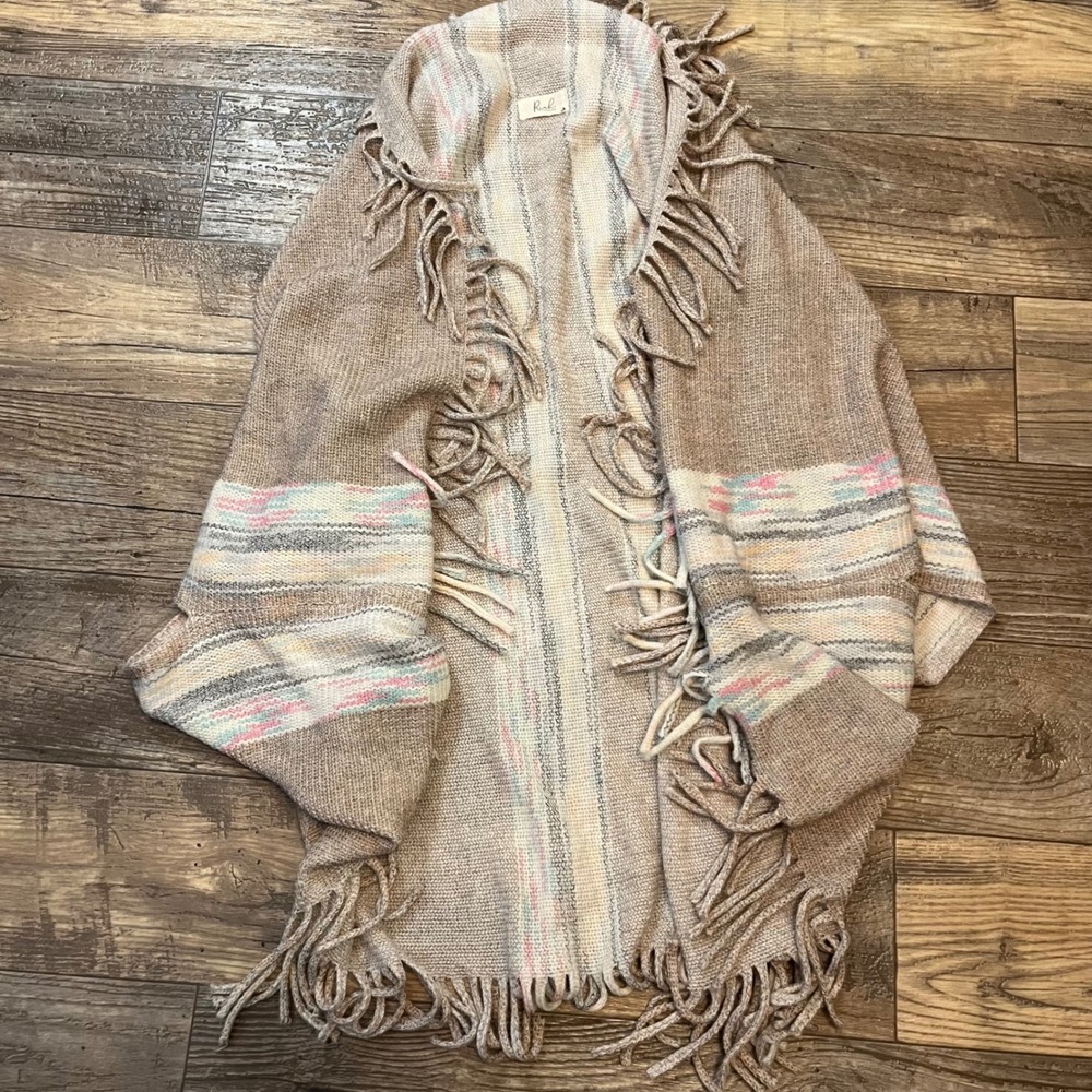 Riah Fashion Tan‎ Pastel Striped Fringe Knit Poncho Wrap Shimmer One Size